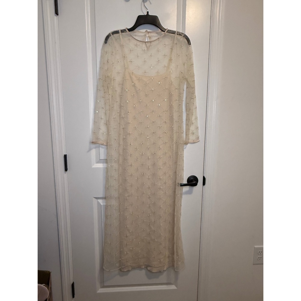 Zara Midi Dress Womens M Cream Cava Sequin Beaded Mesh Sheer Formal Boho - Picture 2 of 7
